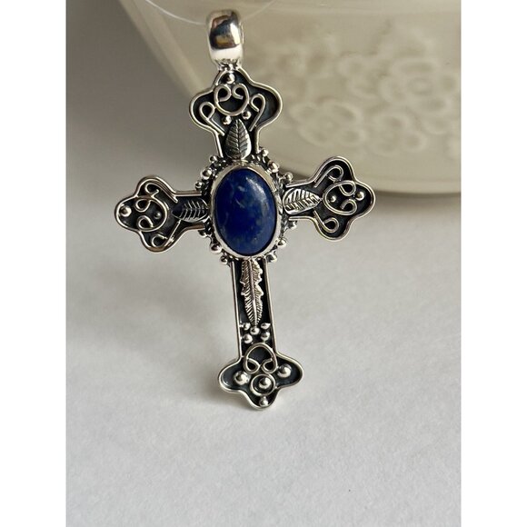 Handcrafted Oval Lapis Lazuli Cut Gemstone Cross 925 Sterling Silver - Picture 2 of 16